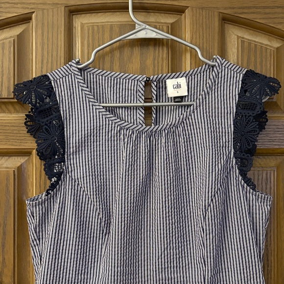CAbi Navy and White Striped Blouse with Sleeve Accents - Picture 4 of 9